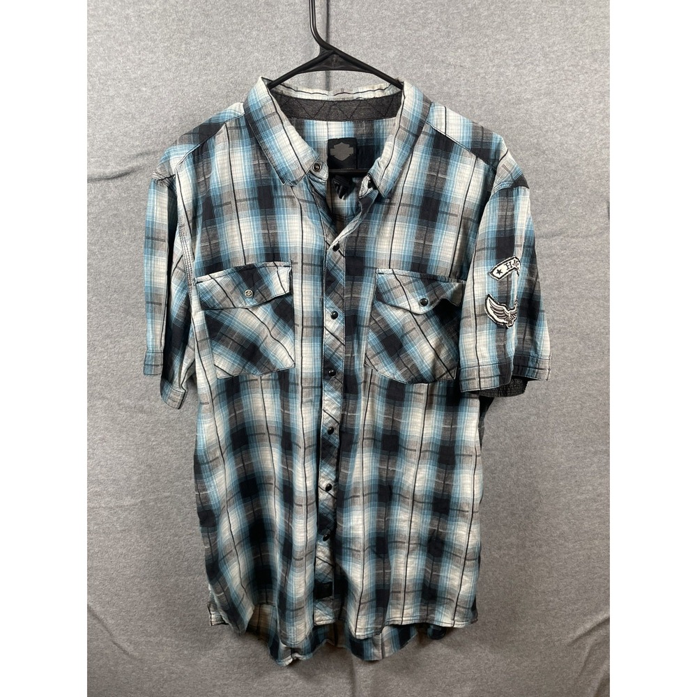 Harley-Davidson Men's Plaid Snap Button Shirt Blue Black Cotton Long Sleeve